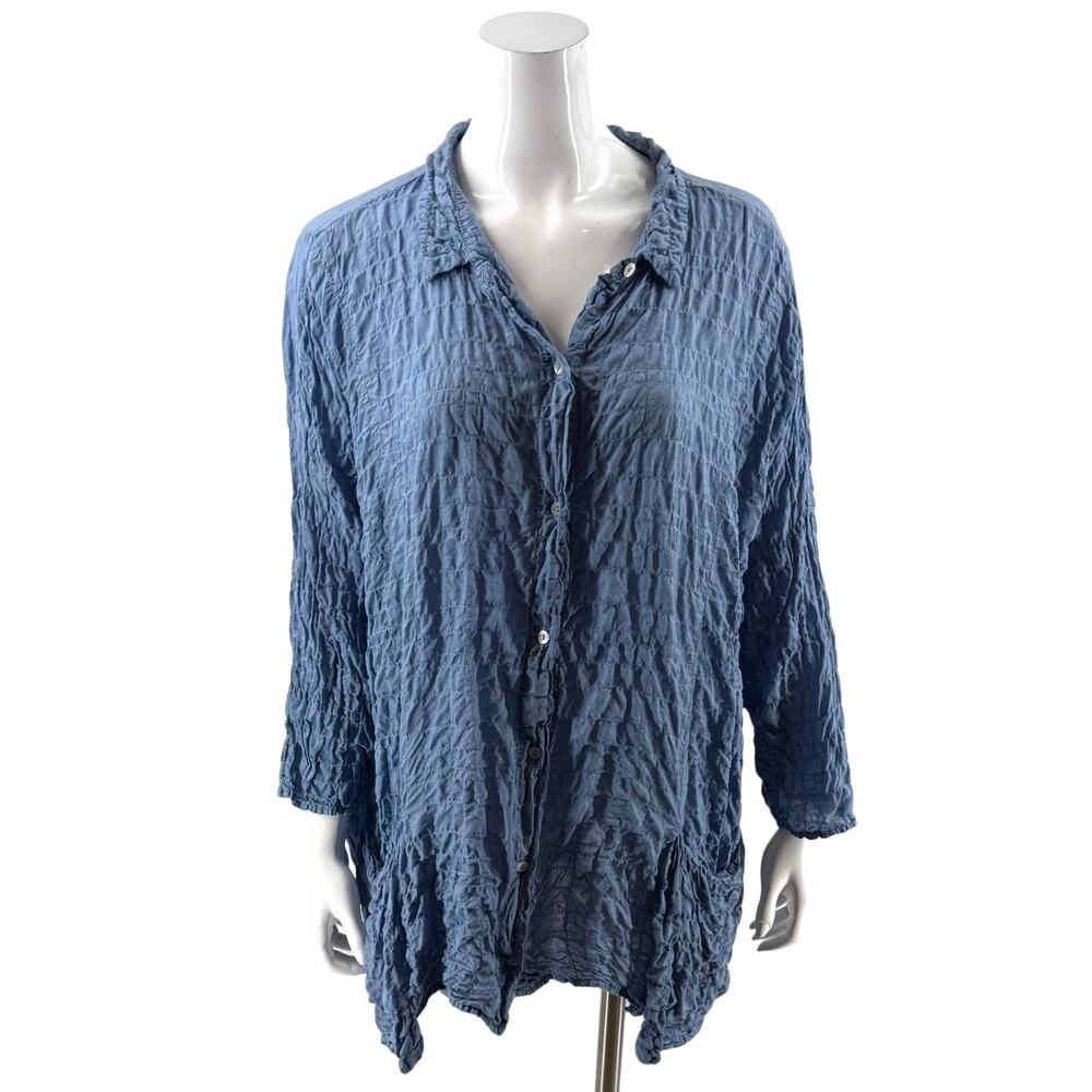 Cut Loose Womens Top Size L / XL Blue Crinkle Texture Lagenlook Pockets Button